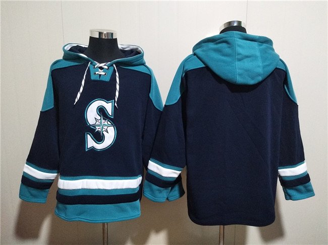 Men's Seattle Mariners Blank Navy Lace-Up Pullover Hoodie Jersey