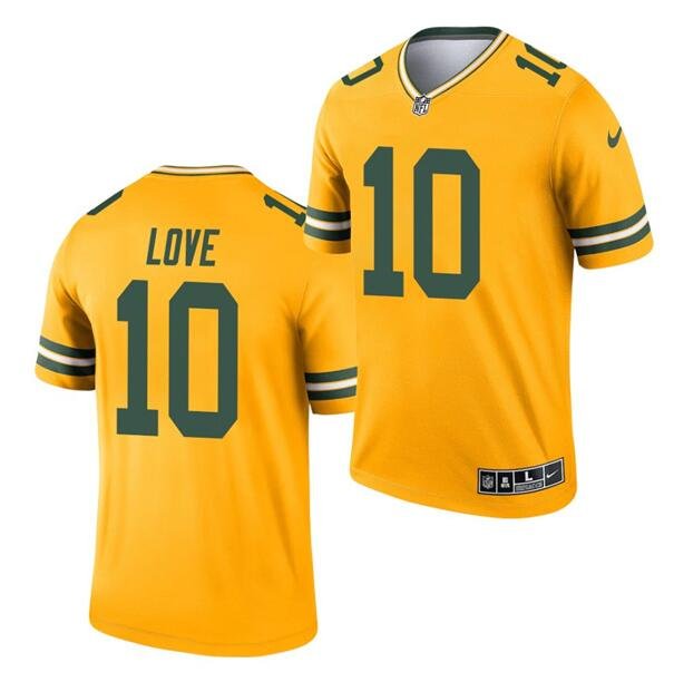 Green Bay Packers #10 Jersey Jordan Love Inverted Legend Gold