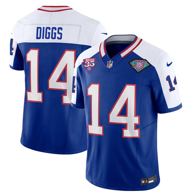 Bills 14 Stefon Diggs Blue White 2023 F U S E 35th And 75th Patch Throwback Stitched Jersey