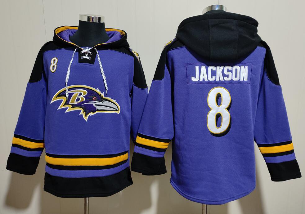 Men's Baltimore Ravens #8 Lamar Jackson Ageless Must-Have Lace-Up Pullover Hoodie Jersey