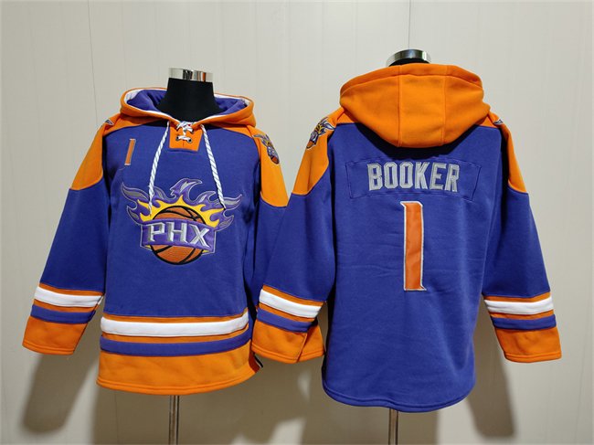 Men's Phoenix Suns #1 Devin Booker Purple Ageless Must-Have Lace-Up Pullover Hoodie Jersey