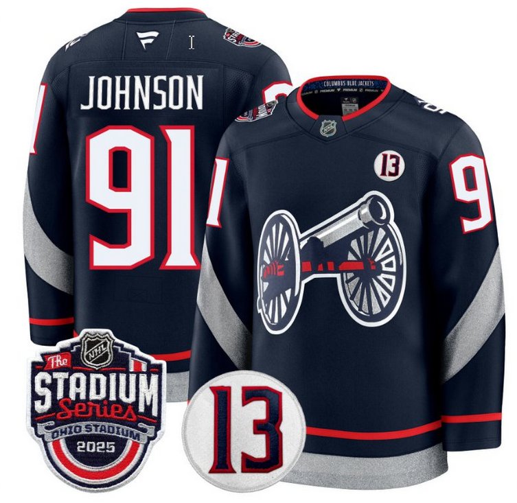 Columbus Blue Jackets #91 Kent Johnson Navy 2025 Stadium Series Patch Stitched Hockey Jersey
