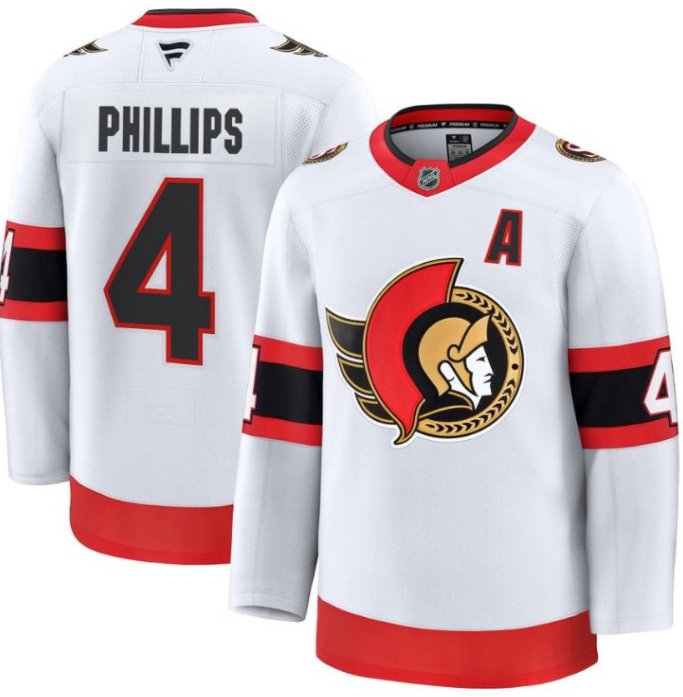 Men's Ottawa Senators #4 Chris Phillips White 2025 Premium Away Stitched Hockey Jersey