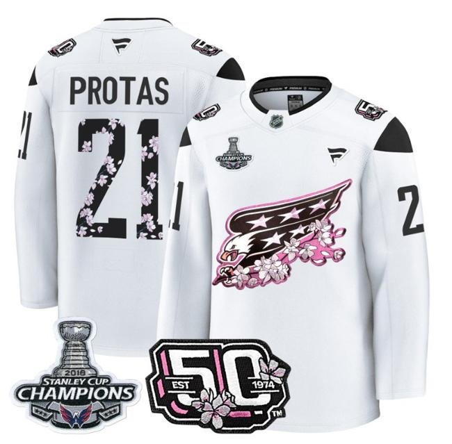Aliaksei Protas #21 Washington Capitals 50th 2018 Stanley Cup Champions Patch White Stitched Jersey
