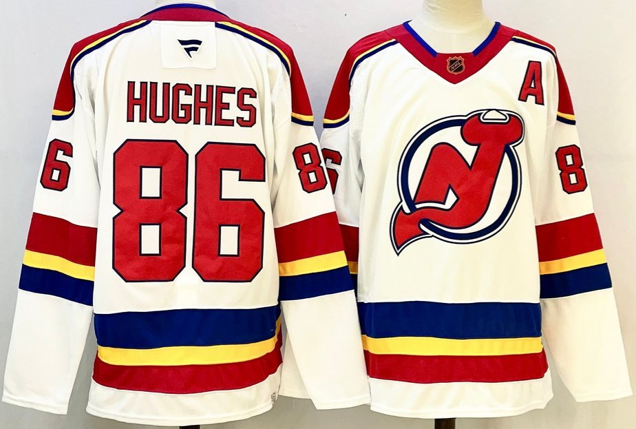New Jersey Devils #86 Jack Hughes White Red With A Patch Stitched Hockey Jersey