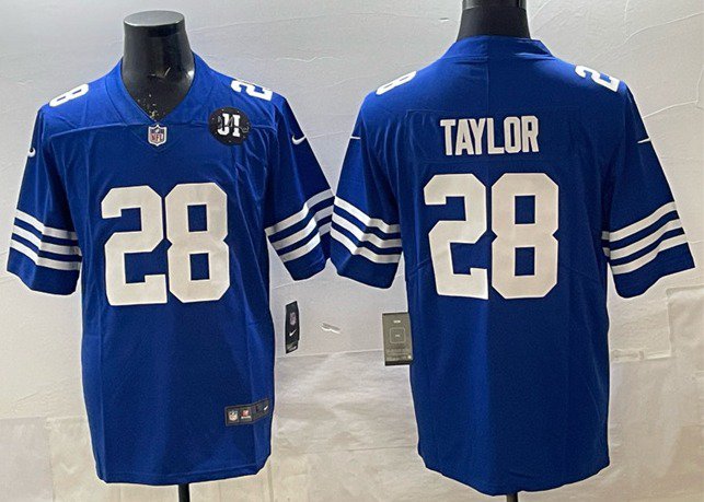 Jonathan Taylor Indianapolis Colts #28 Blue Stitched Jersey Jim Irsay Patch