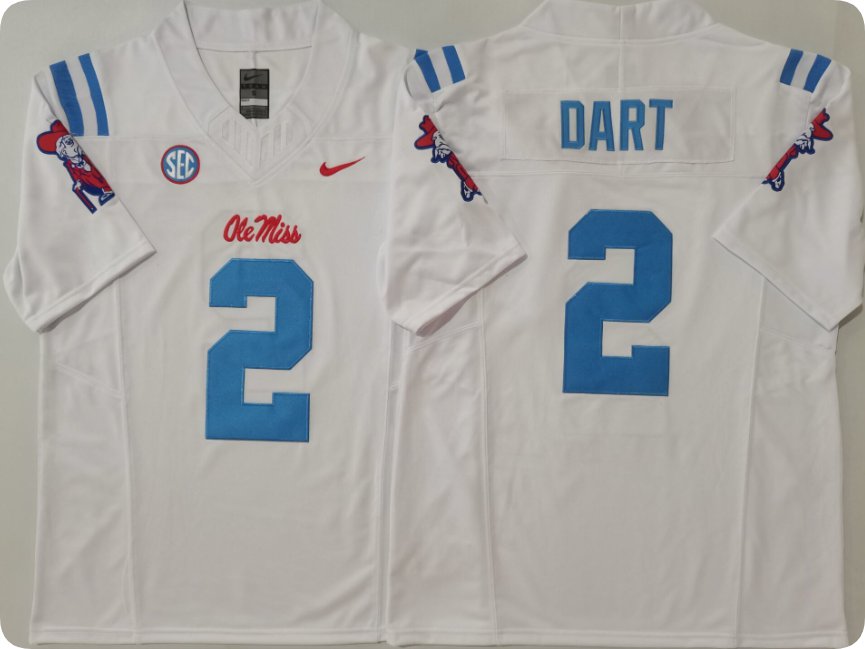 Jaxson Dart Ole Miss Rebels #2 White 2025 Stitched Shirt F.U.S.E