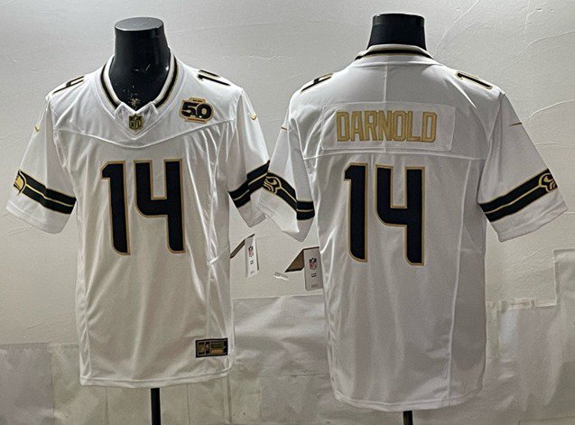 Seattle Seahawks #14 Sam Darnold White Gold F.U.S.E. 50th Season Patch Vapor Limited Stitched Jersey