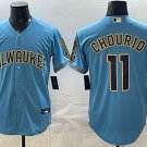 Milwaukee Brewers #11 Jackson Chourio Blue With Home & Bob Uecker Patch Stitched Jersey