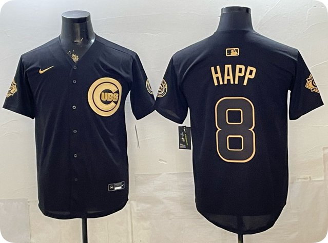 Chicago Cubs #8 lan Happ Black Gold 150th Anniversary Patch Stitched Baseball Jersey