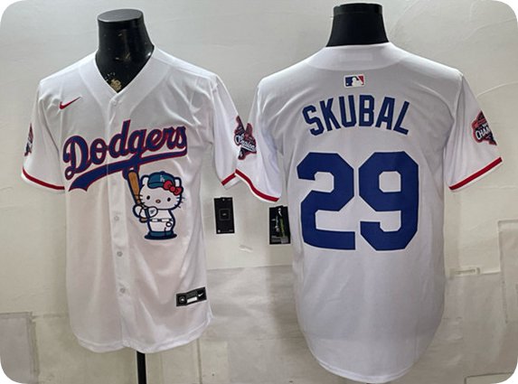 Dodgers #29 Tarik Skubal White Hello Kitty Night 2025 World Series Champions Patch Stitched Jersey