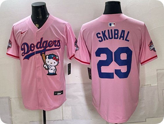 Dodgers #29 Tarik Skubal Pink Hello Kitty Night 2025 World Series Champions Patch Stitched Jersey