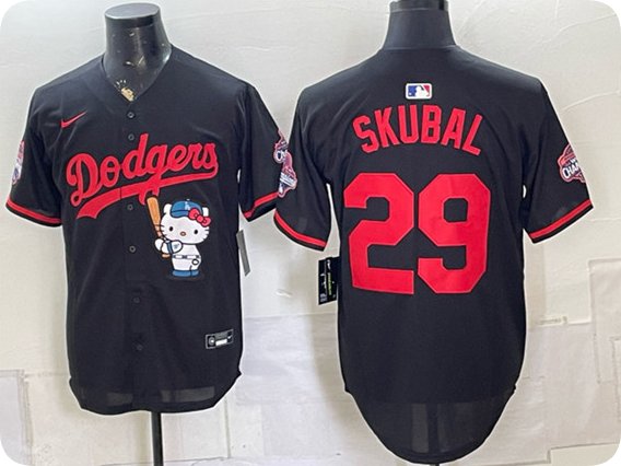 Dodgers #29 Tarik Skubal Black Hello Kitty Night 2025 World Series Champions Patch Stitched Jersey