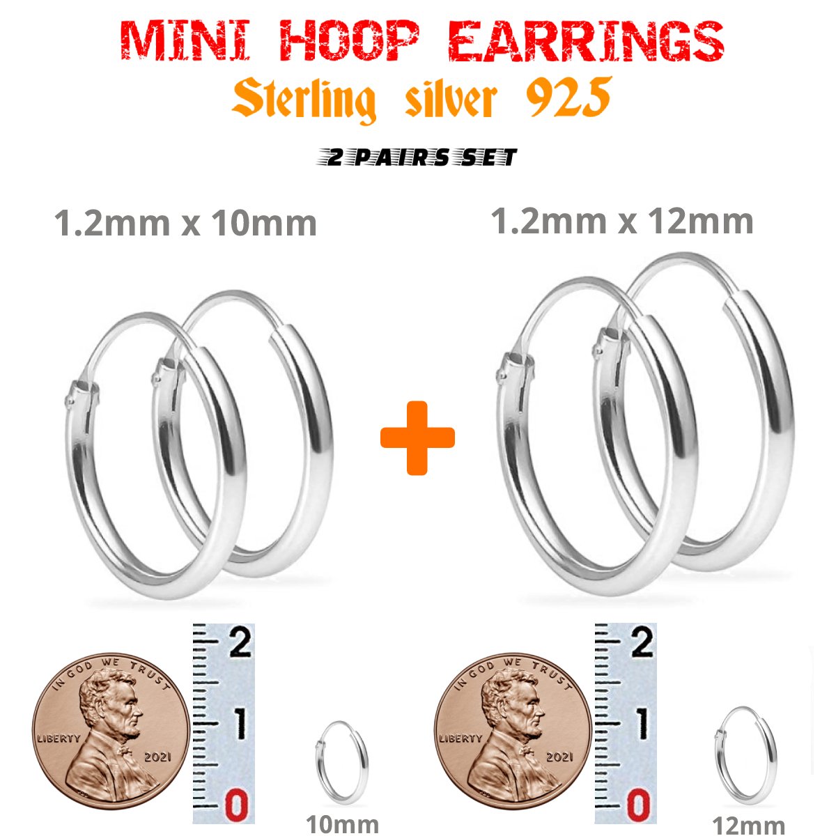 Hoop Earrings Sterling Silver 925 Two Pairs: 10mm and 12mm. Nose, Lip, Ear, Ring, Piercing.