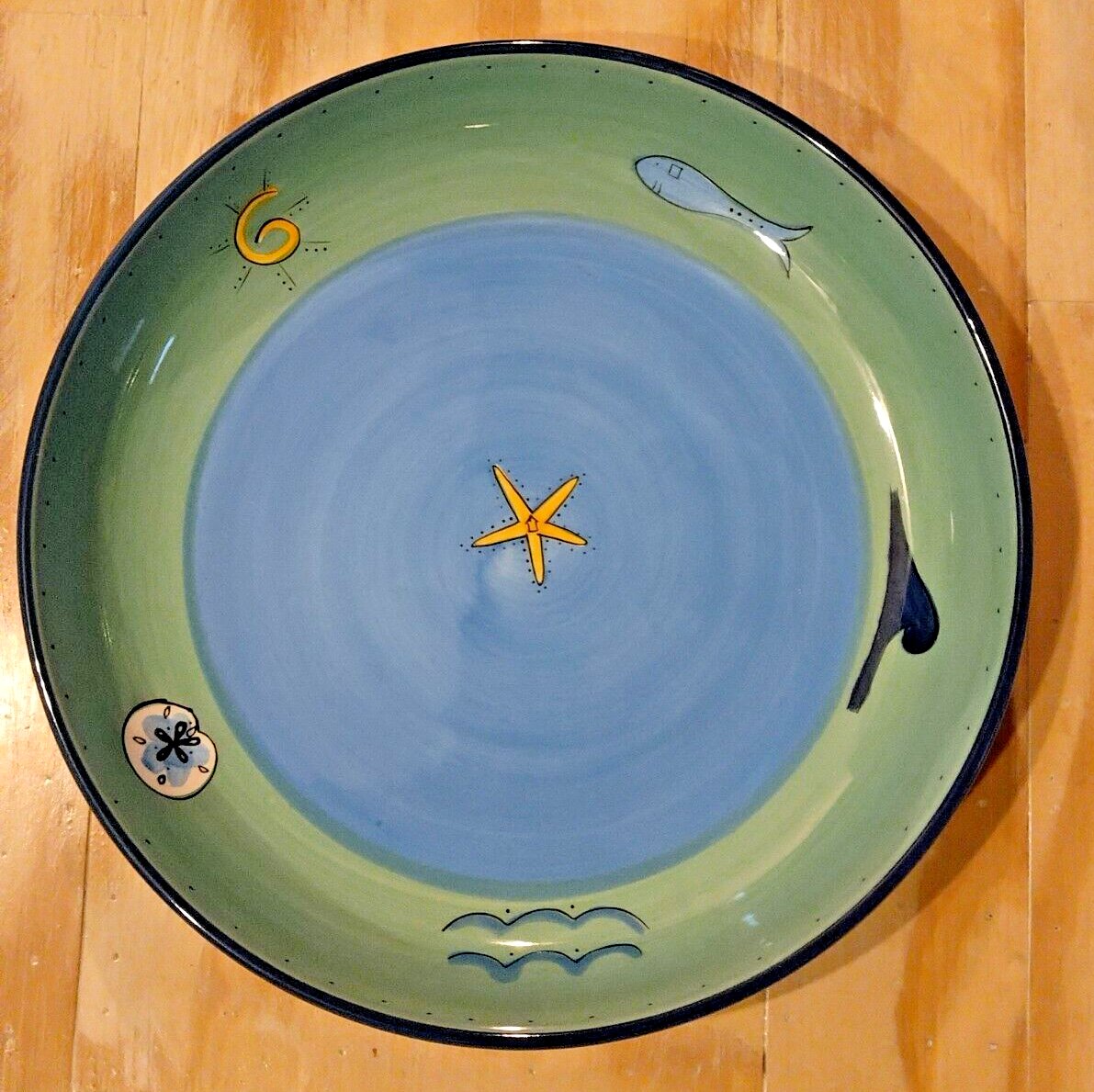 K.I.C Brushes Hand Painted 14" Serving Pasta Bowl Blue Green Fish Ocean
