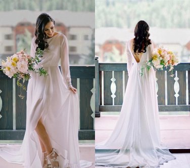 Simple Designed Long Sleeve A Line Bohemian Wedding Dresses