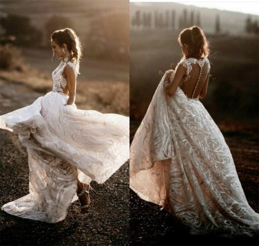V Neck Bridal Gown Boho Sweep Train Wedding Dress
