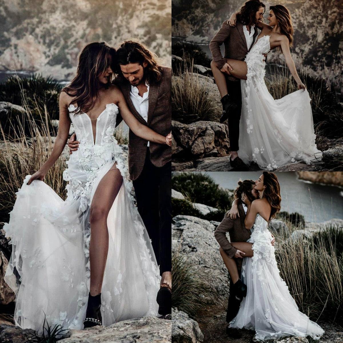 Bohemian Slit Sweetheart Lace 3D Floral Appliques A Line Beach Wedding Dress