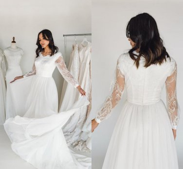 Summer Boho Beach Wedding Dress Lace Long Sleeves Chiffon A Line Bohemian Garden Simple Bridal Gowns