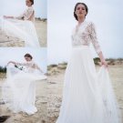 3/4 Sleeves V Neck Backless Lace Applique Bohemian Garden Bridal Gowns