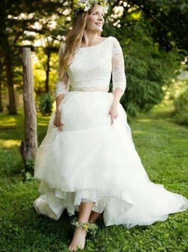 Two Pieces Boho Wedding Dresses 3/4 Long Sleeves Lace Applique Tulle Skirt A Line Bridal Gowns