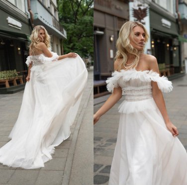 Off Shoulder Wedding Dresses A Line Sweep Train Bohemian Wedding Dress Custom Made Long Bridal Gowns