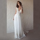 Bohemian Floral Lace Applique Cap Sleeves Plunge V Neck Wedding Gowns