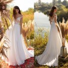 Bohemian Plus Size A Line Wedding Dresses Sheer Neck Chiffon Lace Appliques Bridal Gowns