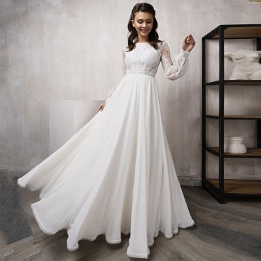 Puff Sleeves O Neck Bohemian Lace Flowy A Line Beach Boho Bridal Gown