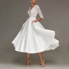 Fashion Tea Length Wedding Dress Elegant A Line V-Neck Bridal Gowns