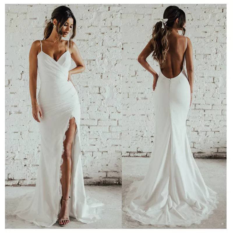 Sexy Open Back Full Lace Beach Wedding Dress Boho Spaghetti Straps Side Slit Bridal Dresses