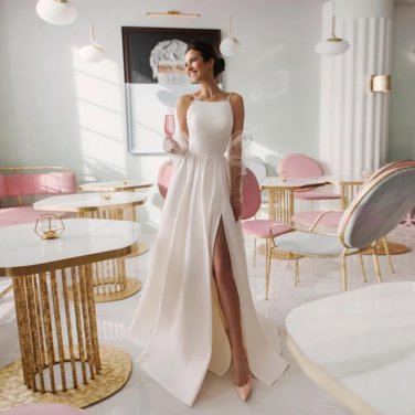 Sexy Wedding Dresses  Slide Split Square Collar Sleeveless Zippe A-Line Bridal Gowns