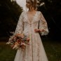 Unique Leaf Lace Wedding Dresses Flare Sleeve V-Neck A Line Boho Bridal Gowns