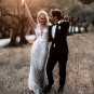 Pearls Beading Appliqued Sexy Backless Rustic Boho Bride Dress