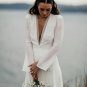 Deep V Neck Long Sleeve Bridal Gowns Side Split A Line Beach Wedding Gowns