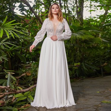 Boho Lace Chiffon A Line V-neck Long Sleeve Bohemian Vintage Bridal Gown