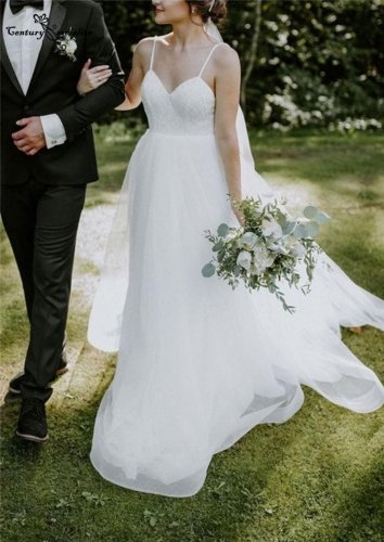 Simple Boho Wedding Dresses Spaghetti Straps Backless Lace Country Bride Dress