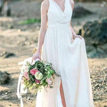 V-Neck Chiffon Bohemian  Lace Bead Spring Summer Beach Country Wedding Dresses