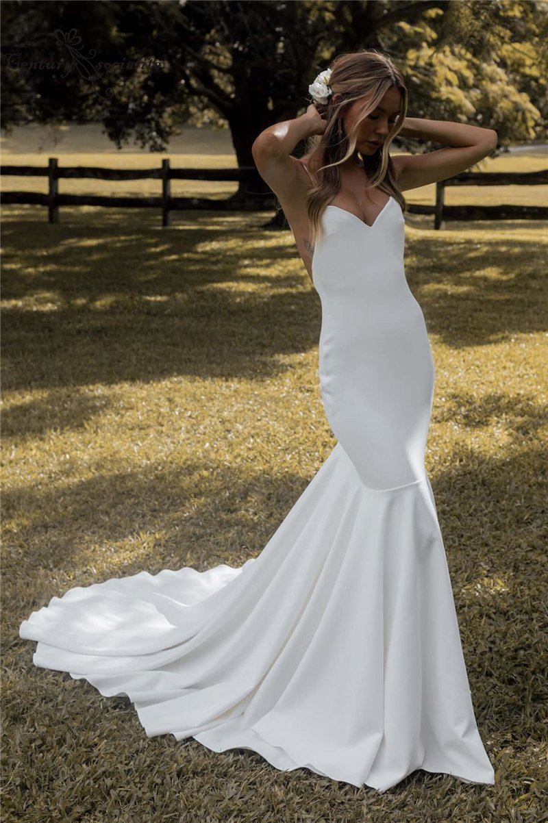 Simple Boho Wedding Dresses for Women Mermaid  Spaghetti Straps Backless Crepe Bridal Gown