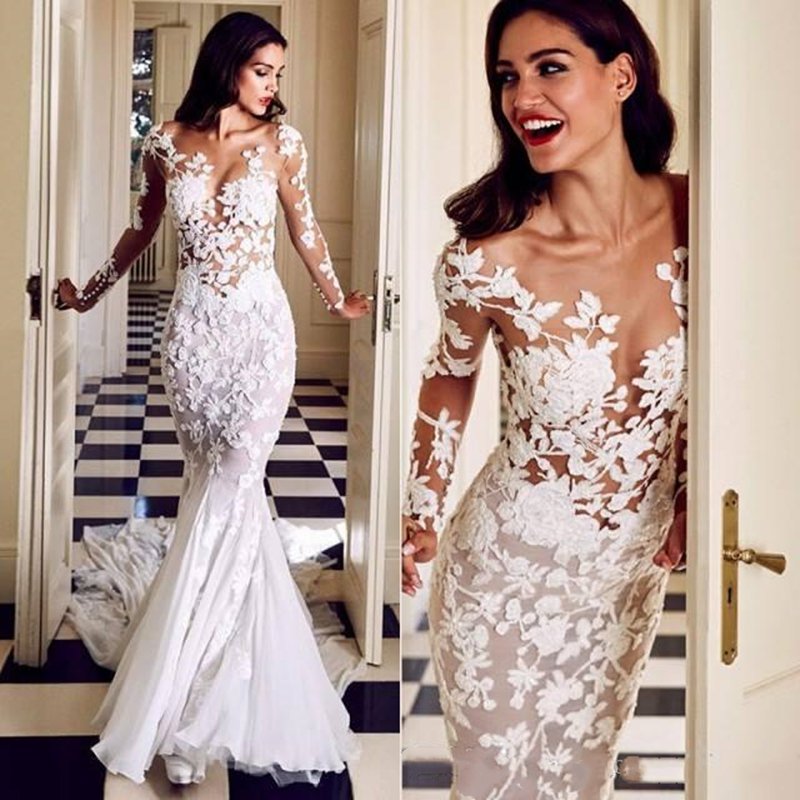 Illusion Lace Wedding Dresses Long Sleeve Flower Appliques Mermaid Long Trail Bridal Gowns