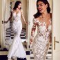Illusion Lace Wedding Dresses Long Sleeve Flower Appliques Mermaid Long Trail Bridal Gowns