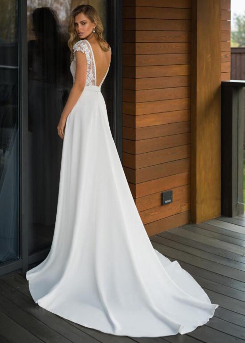 Elegant Satin V-neck A-line Wedding Dresses Boho Bridal Gowns