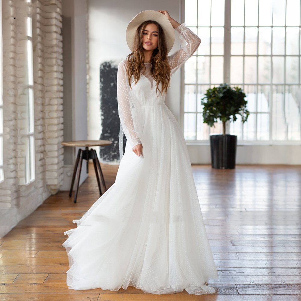 Boho Wedding Dresses Dotted Tulle Transparent Long Sleeve Backless A Line Bridal Gowns
