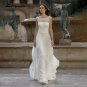 Boho Chiffon Wedding Dress  Scoop Neck Sweep Train Lace Short Cap Sleeve A Line Bridal Gowns