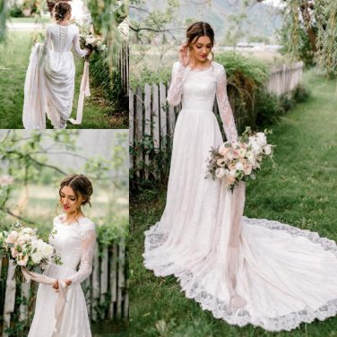 Long Sleeves Round Neck Corset lace-up Back bohemian country Bridal Gowns