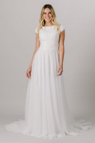 Short Sleeves Round Neck Chiffon Buttons Back Religious Bohemian Bride Dress