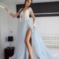 Light Blue Wedding Dresses Tulle Long Sleeves A Line Lace Appliques Button Illusion Bridal Gowns