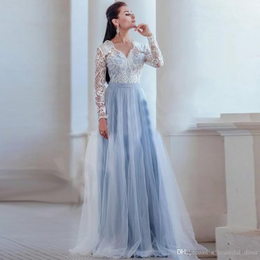 Long Sleeves V Neck A Line Lace Appliques Floor Length Bridal Wedding Gown