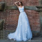 Light Blue Wedding Dresses Lace Appliques A Line V Neck Spaghetti Straps Illusion Bridal Gown