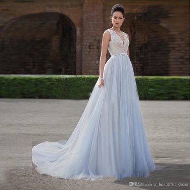 Light Blue A Line  Deep V Neck Lace Appliques Sleeveless Open Back Court Train  Bridal Gown